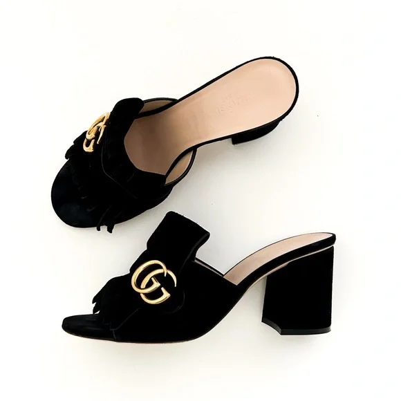 Gucci Marmont GG Logo Black Suede Fringe High Heeled Slip On Mules Slides 38.5 - Picture 2 of 12